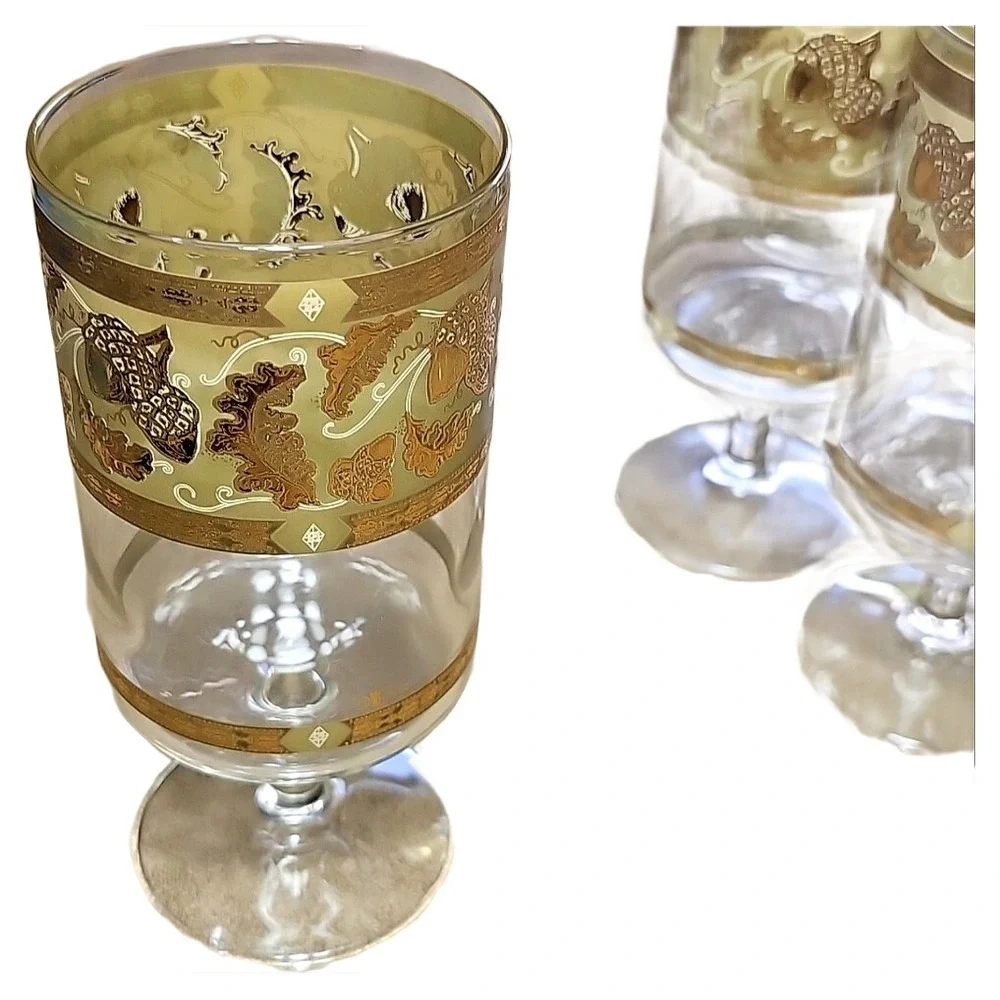 Vintage Cera Green Gold Oak Leaf Acorn Footed Glass Goblet MCM Barware Set Vera